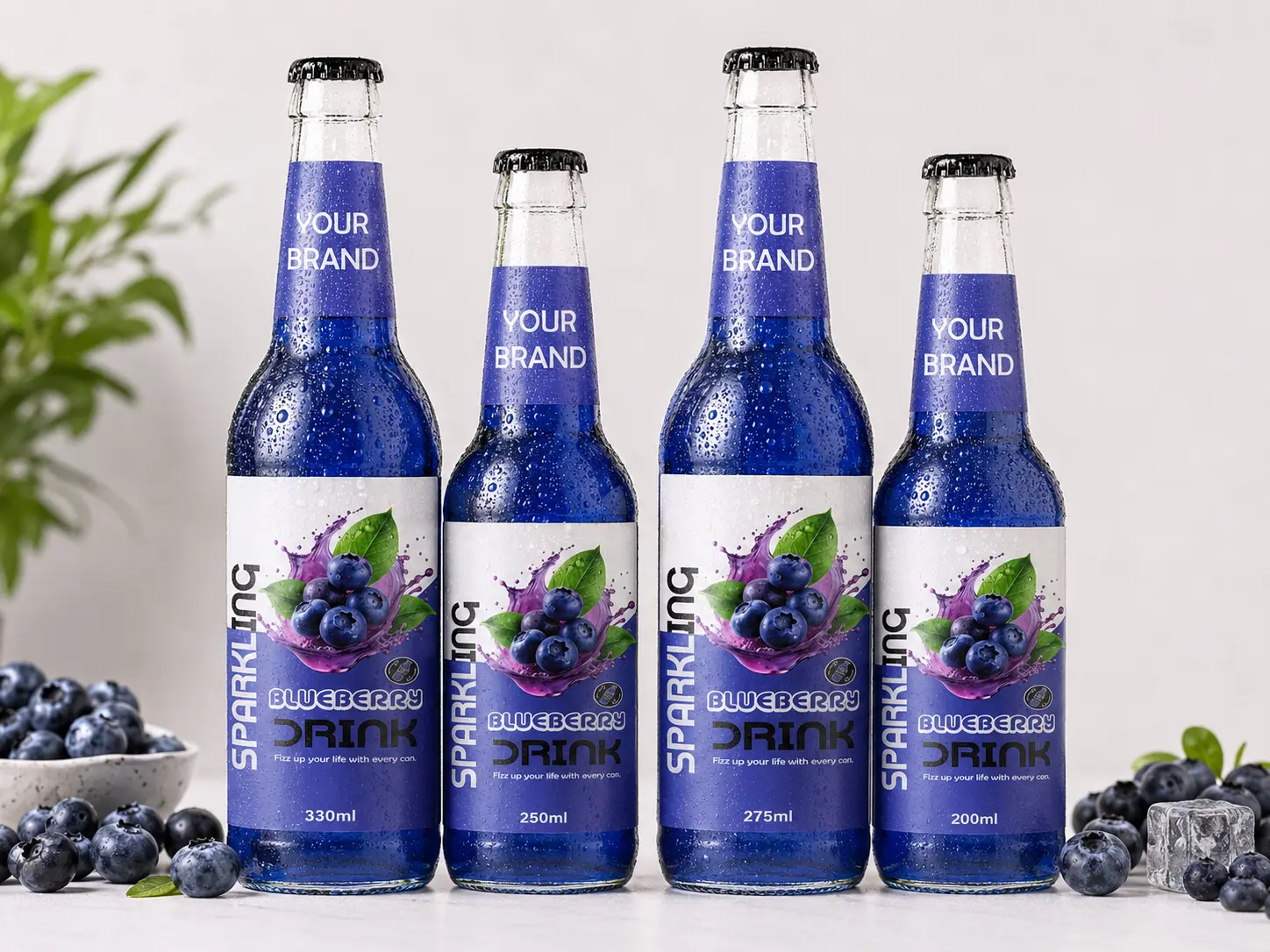 SPARKLING DRINK Blueberry Flavored Drink in 330ml, 250ml, 275ml, and 200ml glass bottles.